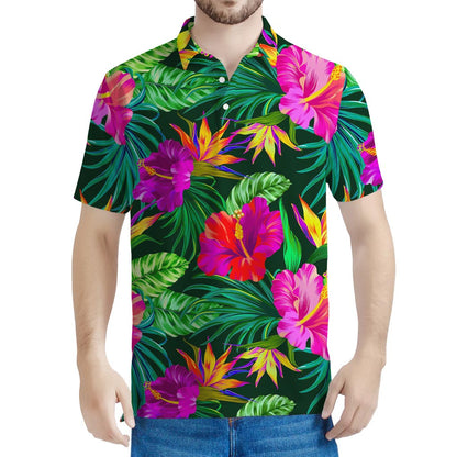 Purple Tropical Pattern Print Men's Polo Shirt