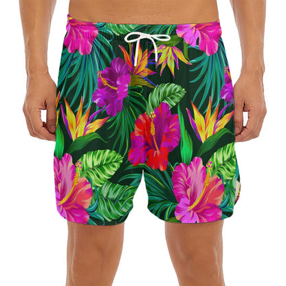 Purple Tropical Pattern Print Men's Split Running Shorts