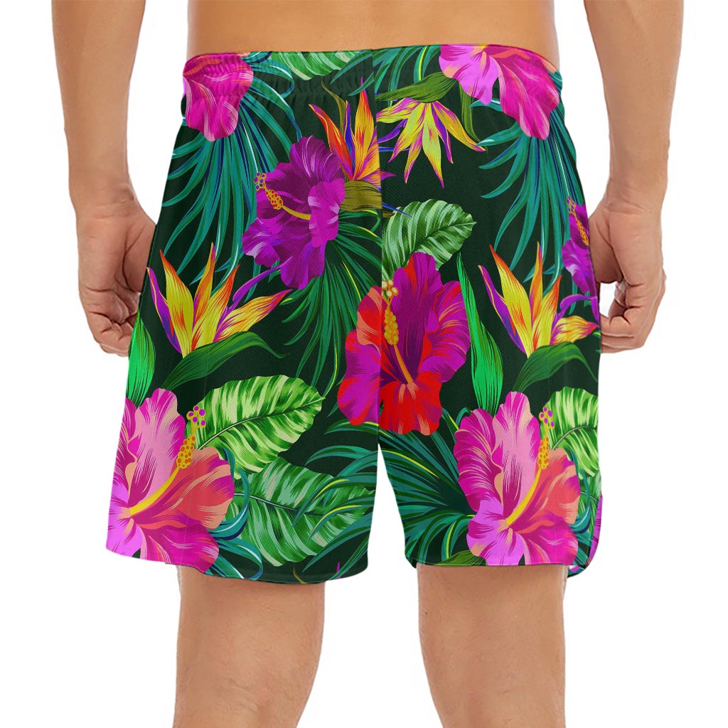 Purple Tropical Pattern Print Men's Split Running Shorts