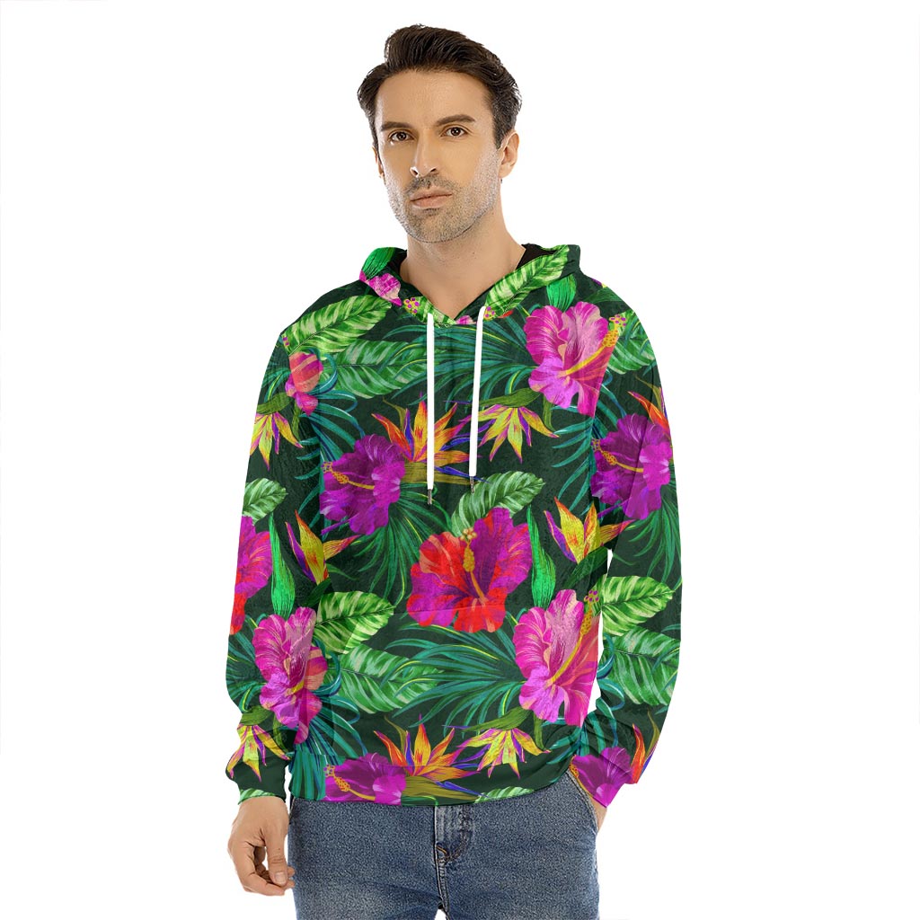 Purple Tropical Pattern Print Men's Velvet Pullover Hoodie