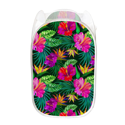 Purple Tropical Pattern Print Mesh Laundry Hamper