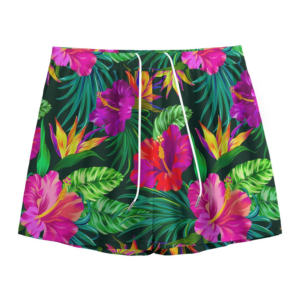 Purple Tropical Pattern Print Mesh Shorts