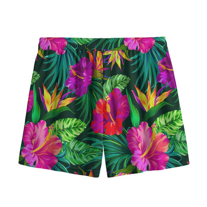 Purple Tropical Pattern Print Mesh Shorts