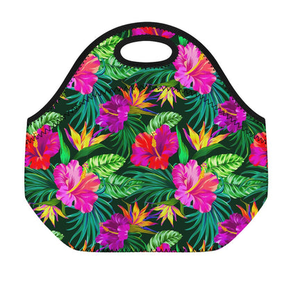 Purple Tropical Pattern Print Neoprene Lunch Bag