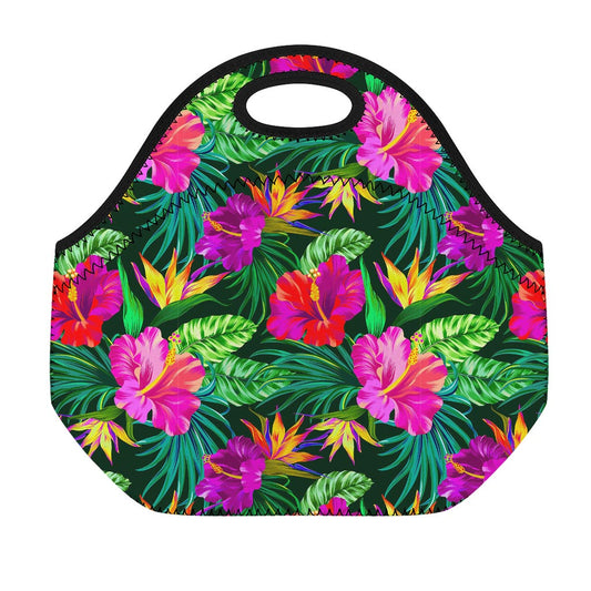 Purple Tropical Pattern Print Neoprene Lunch Bag