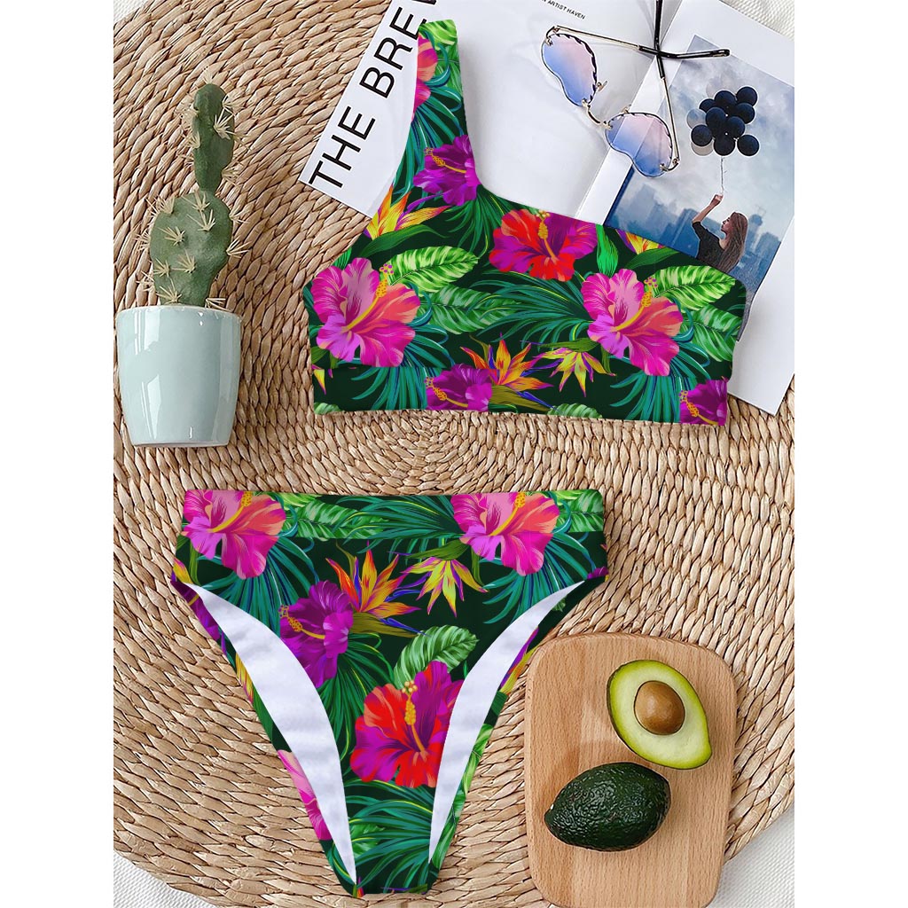 Purple Tropical Pattern Print One Shoulder Bikini Top