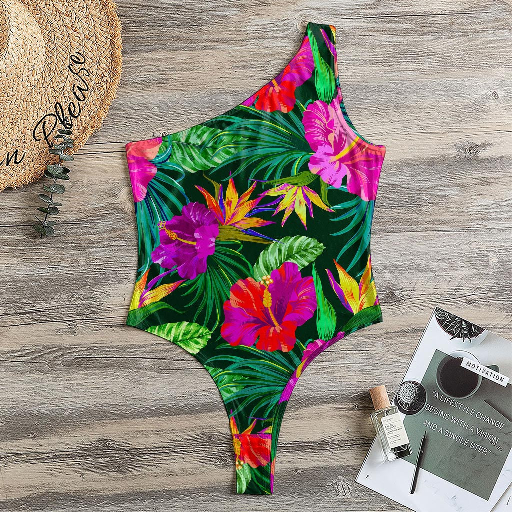 Purple Tropical Pattern Print One Shoulder Bodysuit