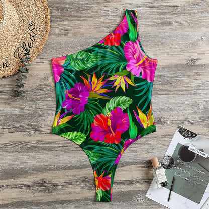Purple Tropical Pattern Print One Shoulder Bodysuit