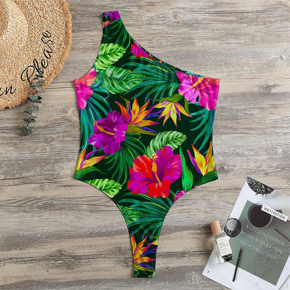 Purple Tropical Pattern Print One Shoulder Bodysuit