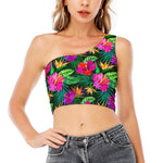 Purple Tropical Pattern Print One Shoulder Crop Top