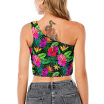 Purple Tropical Pattern Print One Shoulder Crop Top