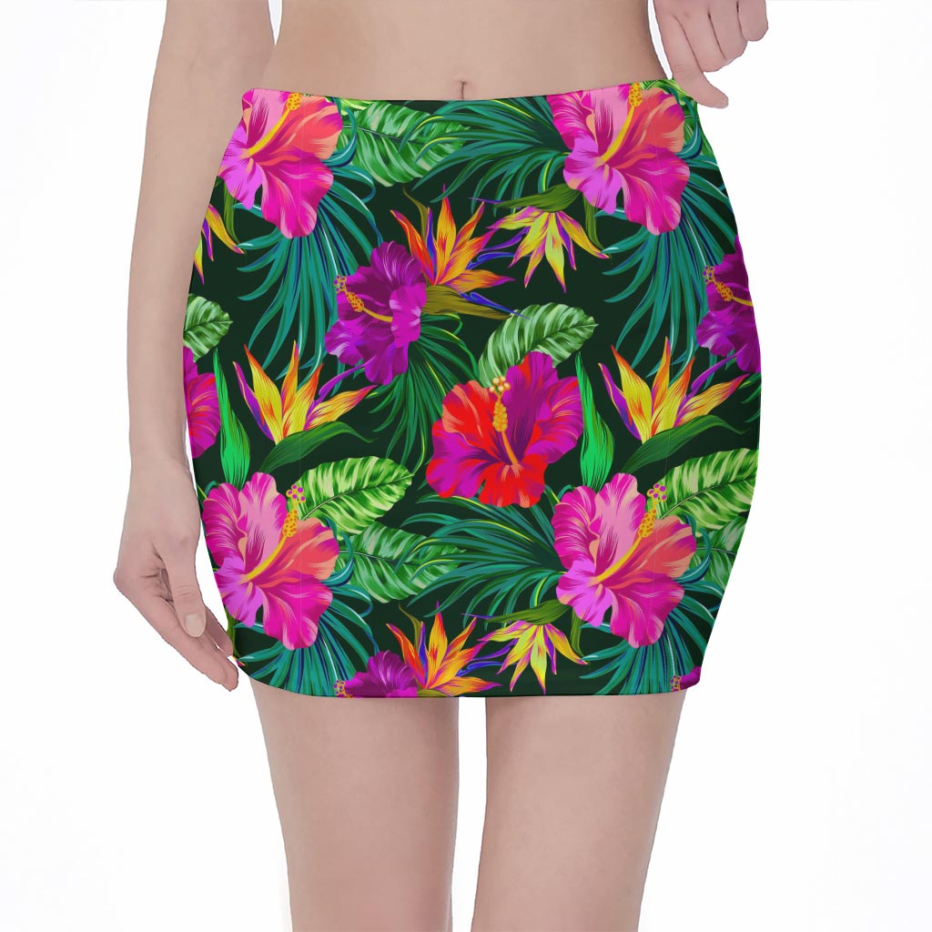 Purple Tropical Pattern Print Pencil Mini Skirt