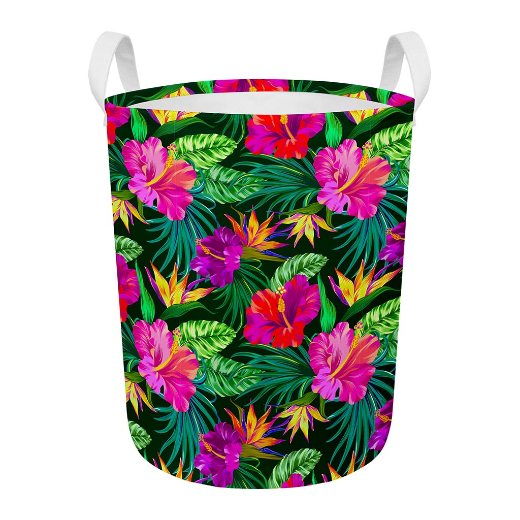 Purple Tropical Pattern Print Round Laundry Basket