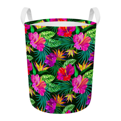 Purple Tropical Pattern Print Round Laundry Basket