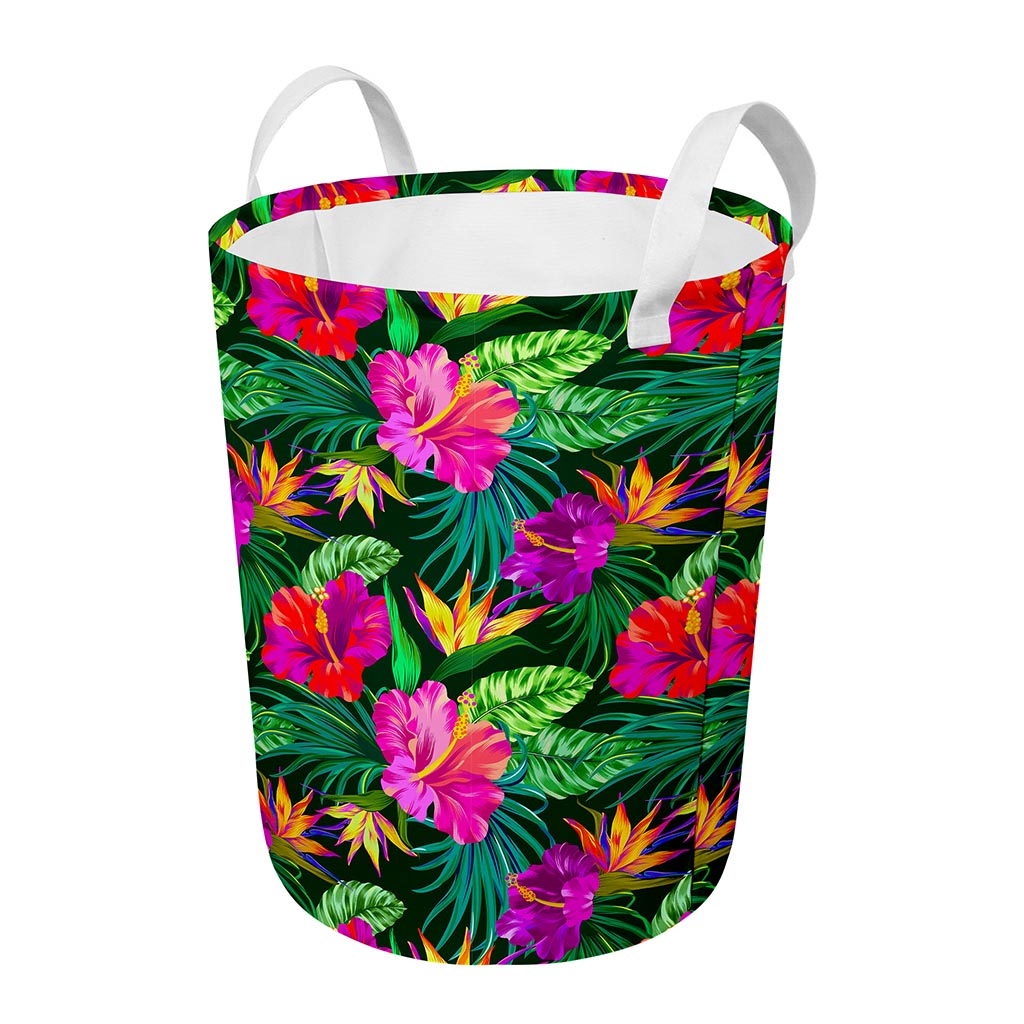 Purple Tropical Pattern Print Round Laundry Basket