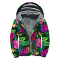 Purple Tropical Pattern Print Sherpa Lined Zip Up Hoodie