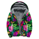 Purple Tropical Pattern Print Sherpa Lined Zip Up Hoodie
