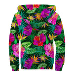 Purple Tropical Pattern Print Sherpa Lined Zip Up Hoodie