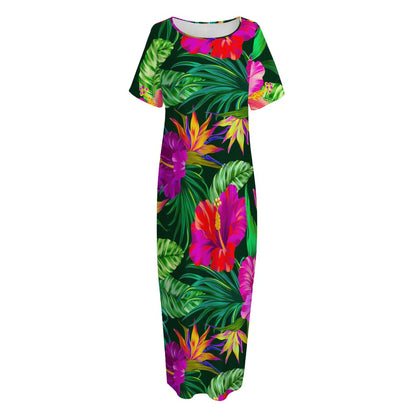 Purple Tropical Pattern Print Short Sleeve Long Nightdress