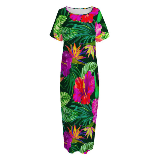 Purple Tropical Pattern Print Short Sleeve Long Nightdress