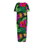 Purple Tropical Pattern Print Short Sleeve Long Nightdress