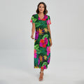 Purple Tropical Pattern Print Short Sleeve Maxi Dress