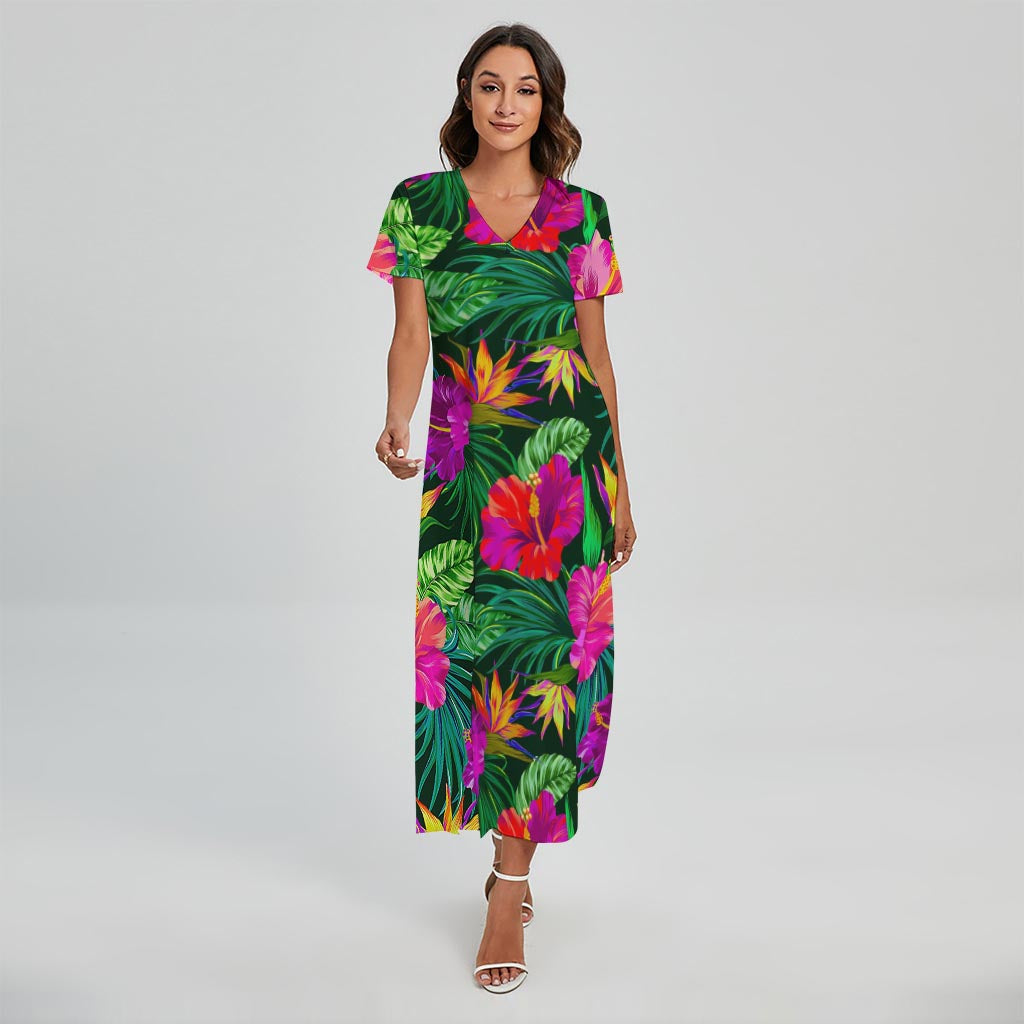 Purple Tropical Pattern Print Short Sleeve Maxi Dress