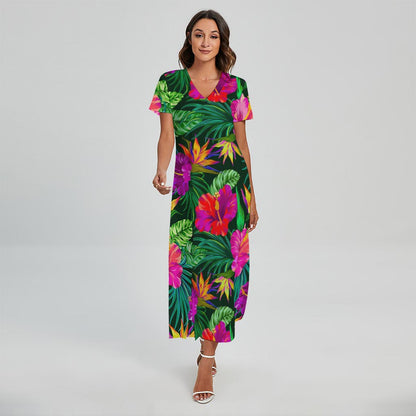 Purple Tropical Pattern Print Short Sleeve Maxi Dress