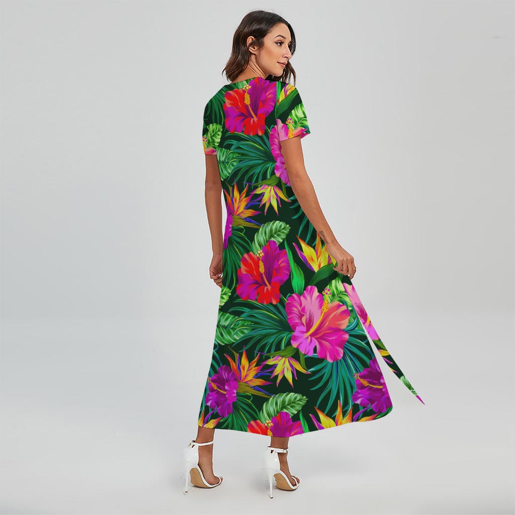 Purple Tropical Pattern Print Short Sleeve Maxi Dress