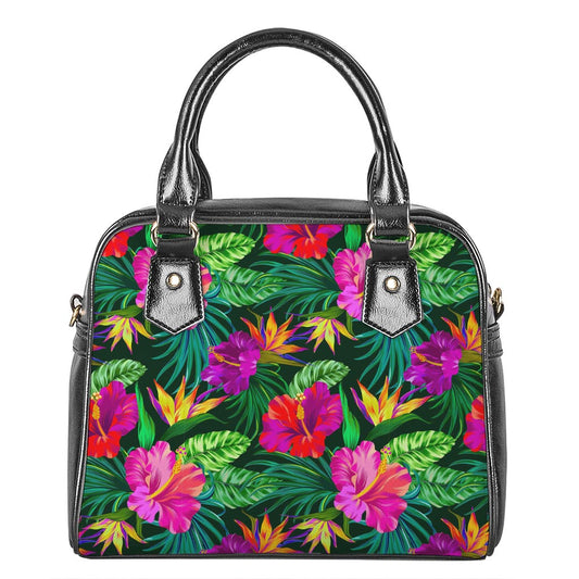 Purple Tropical Pattern Print Shoulder Handbag