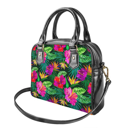 Purple Tropical Pattern Print Shoulder Handbag