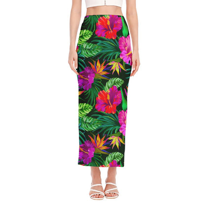 Purple Tropical Pattern Print Side Slit Maxi Skirt
