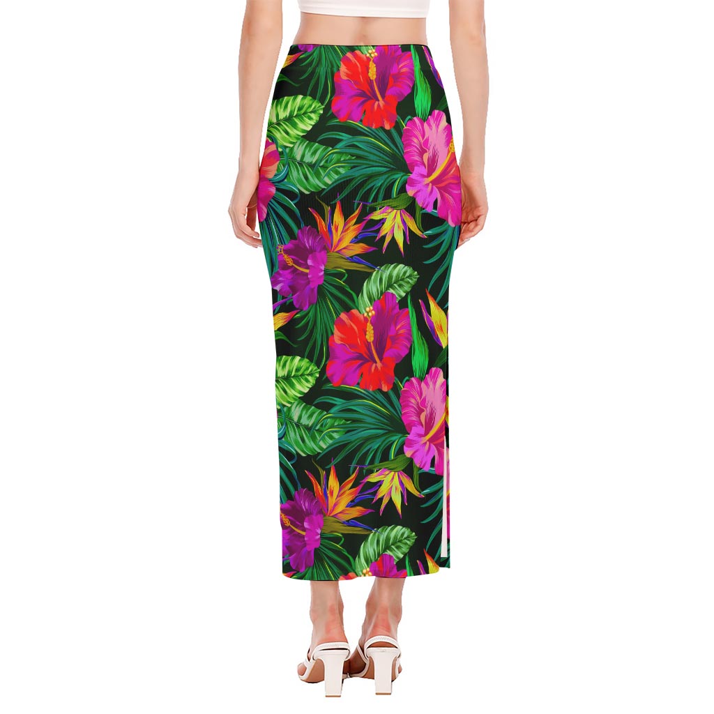 Purple Tropical Pattern Print Side Slit Maxi Skirt