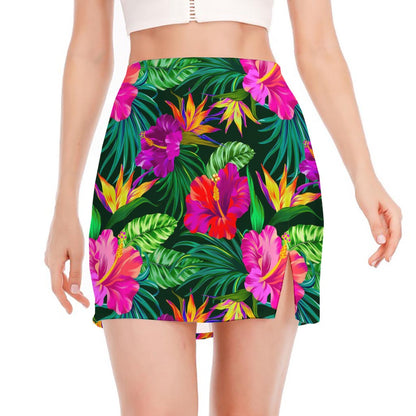 Purple Tropical Pattern Print Side Slit Mini Skirt