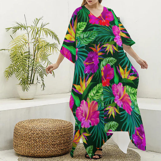 Purple Tropical Pattern Print Silk V-Neck Kaftan Dress