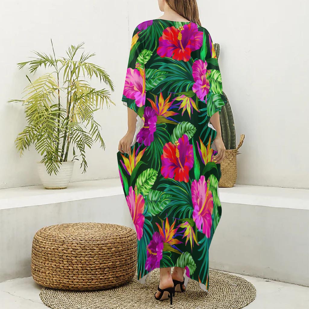 Purple Tropical Pattern Print Silk V-Neck Kaftan Dress