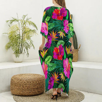 Purple Tropical Pattern Print Silk V-Neck Kaftan Dress