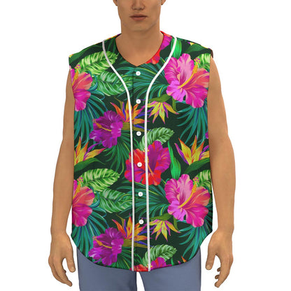 Purple Tropical Pattern Print Sleeveless Baseball Jersey