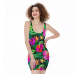 Purple Tropical Pattern Print Sleeveless Bodycon Dress