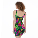Purple Tropical Pattern Print Sleeveless Bodycon Dress