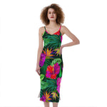 Purple Tropical Pattern Print Slim Fit Midi Cami Dress
