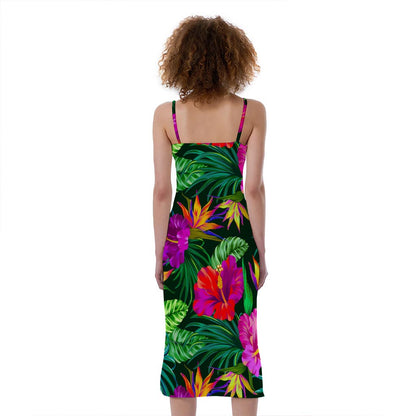 Purple Tropical Pattern Print Slim Fit Midi Cami Dress