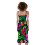 Purple Tropical Pattern Print Slim Fit Midi Cami Dress
