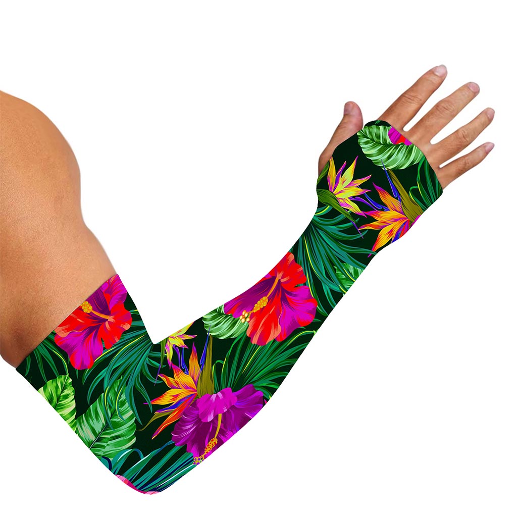 Purple Tropical Pattern Print Sun Protection Arm Sleeves