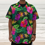 Purple Tropical Pattern Print Textured Short Sleeve Shirt
