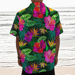 Purple Tropical Pattern Print Textured Short Sleeve Shirt