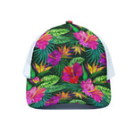Purple Tropical Pattern Print White Mesh Trucker Cap