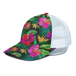 Purple Tropical Pattern Print White Mesh Trucker Cap