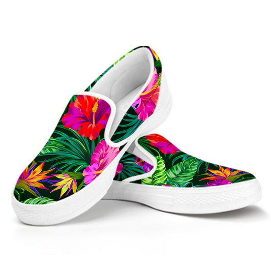 Purple Tropical Pattern Print White Slip On Sneakers