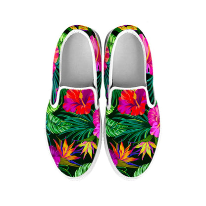 Purple Tropical Pattern Print White Slip On Sneakers